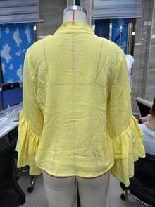 Women Ruffle Blouse Long Bell Sleeve Frilly Tops Sheer Button Down Shirts Summer Going Out Tops - Yellow - View 2