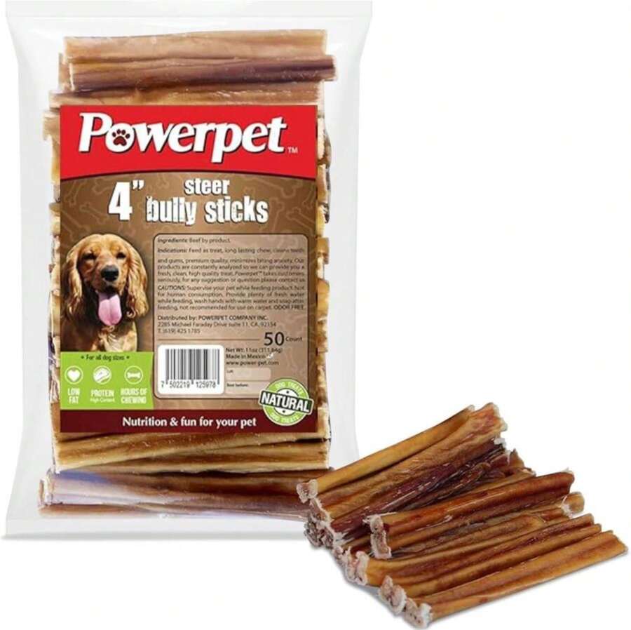 PowerPet Bully Sticks Naturales para Perros 4 u2013 50 Unidades | 100% Res, Premio Saludable Alto en Proteína, Bajo en Grasa, Larga Duración - Blanco - Ver 1