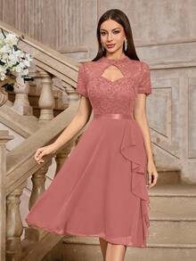 MIUSOL Đầm cocktail dáng xòe cổ cao, chất liệu chiffon, ren hoa, ren, xếp ly, thích hợp cho mùa hè. - Bụi hồng - Xem 6