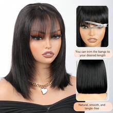Layered Cut Straight 4X4 BOB Wig With Wispy Bangs Glueless Invisible Lace BOB Wigs Human Hair With Fringe Bangs, Pre Cut Lace Wear Go Glueless Wig Human Hair 200% Density Natural Black Wig With Bangs For Women - Natural Black - View 3