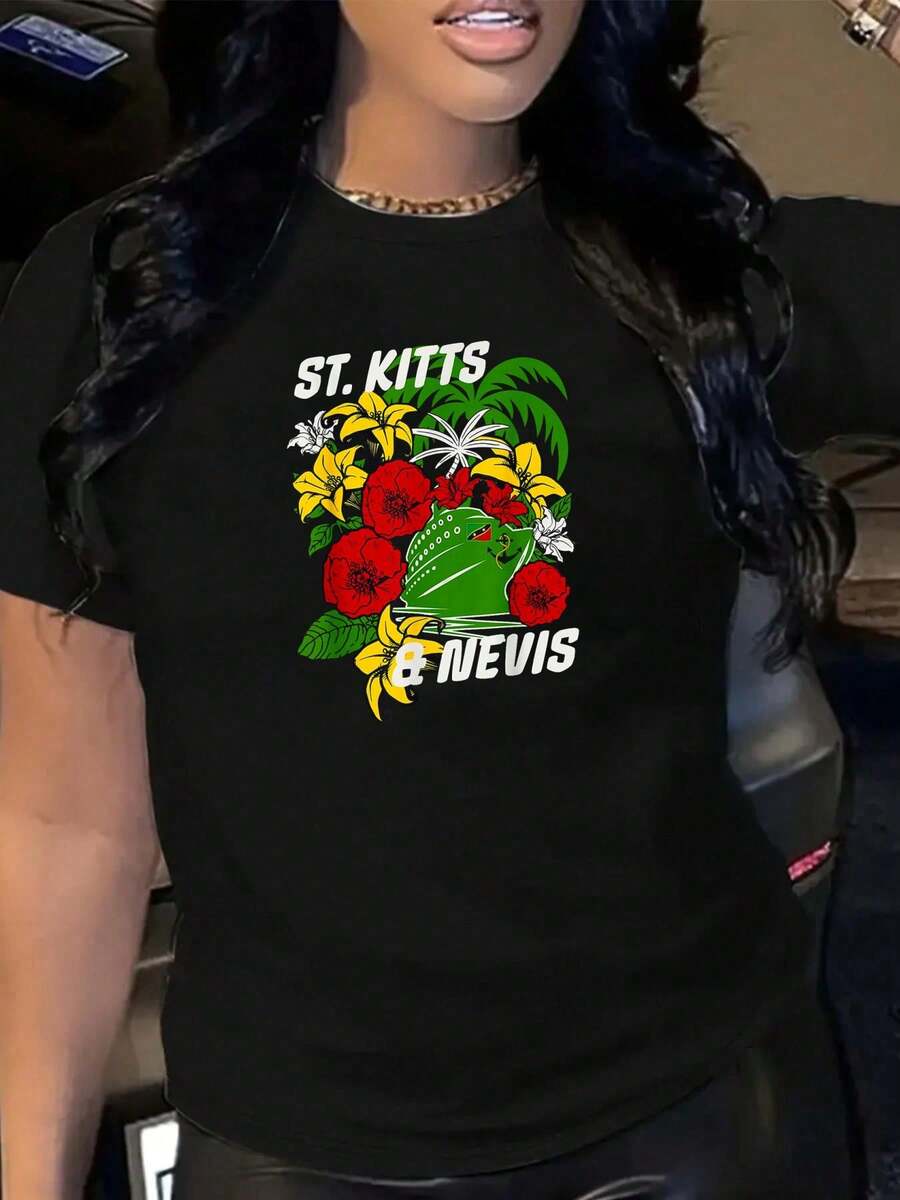 100% Cotton St. Kitts & Nevis Girl's Trp Caribbean Vacay Cruise Squad T-Shirt Women Graphic T-Shirt Cotton Print Short Sleeve Casual Top, Summer Tee Womens Tops - Black - View 1