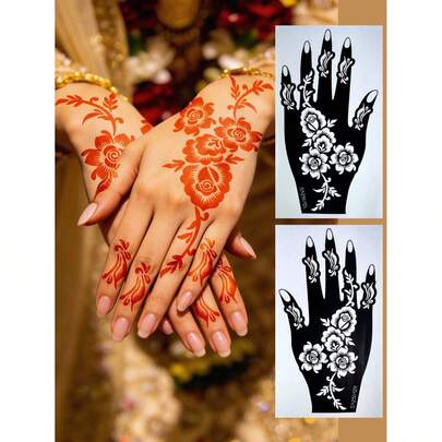 2 Pcs Gorgeous Floral Mehndi Tattoo Stencils, Featuring 3D Flowers And Scroll Patterns For An Exotic Retro Style, Ideal For Henna Art, Parties And Exotic Looks, Allowing Quick Application Without Skills, Adding A Delicate Exotic Vibe And Details To Your Hands