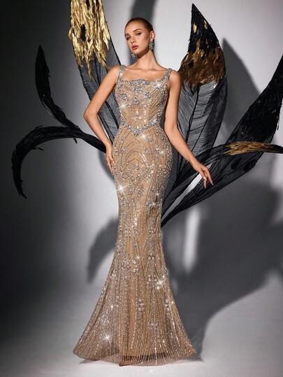 Elegant Sequins Bridesmaid Dress For Dinner Party,Birthday Parties,Parties Pure Color Women Beaded Sleeveless Gown Backless Zipper Maxi Mermaid Dress