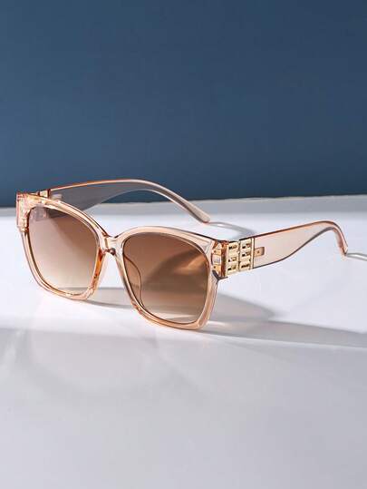 Champagne Color Retro Square Large Frame Plastic Sunglasses, Classic Style Decoration For Outdoor Sports, Cycling, Travel, Beach, Driving, Fishing, Summer UV Protection