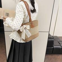 1pc Fashion Straw Woven Tote Bag, Large Capacity Beach Travel Handbag, Commuter Shoulder Bag With Scarf Bow Detail, Suitable For Elegant Ladies Casual, Beach Trip, Daily Matching - Multicolor - View 6