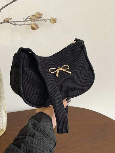 Minimalist Solid Color Fresh Corduroy Handbag, Bow Decor, New Casual Chic Underarm Baguette Bag