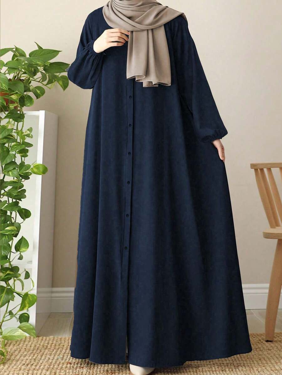 Elegant Arabic Style Solid Color Lantern Sleeve Long Loose Comfortable Abaya Spring - Navy Blue - View 1
