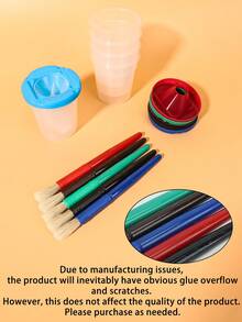 10个带彩色盖和画笔的防溢颜料杯，适合儿童使用，防溢画笔清洗杯，幼儿绘画颜料杯，美术工艺用品，丙烯颜料，水彩颜料 - 彩色 - 查看 9