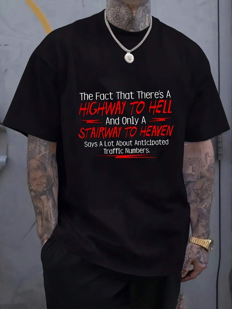 There Really Is A Highway That Leads To Hell... Printed T-Shirt, Casual Crew Neck Short-Sleeved T-Shirt, Comfortable And Breathable T-Shirt. - Black - View 1