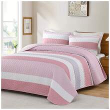 3 Pieces Boho Quilted Bedspread Set Pink Quilt Queen King Size, Bohemian Stripe Quilt Sets  Lightweight Microfiber Coverlet Bedding Set Suitable For Wedding Items, Valentines Day Home Bed Room Decor, Mothers Day Gift, All Season - 粉紅色01 - 查看 3