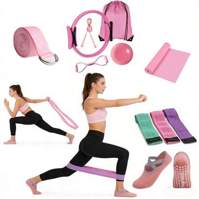 11-Piece Pilates Rings - Home Fitness Equipment Suitable For Women - Gluteal Resistance Band Stretching Equipment, Pilates Rings, Mini Yoga Fitness Balls, Yoga Socks, Stretching Bands, 8-Way Tensioner, Jump Rope. Suitable For Home Aerobic Exercise Training For Legs, Arms And Thighs, Etc.