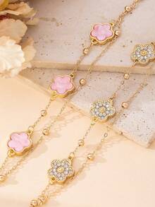 2件套优雅经典时尚水钻粉色四叶草多层手链套装（由于手工切割，珠子数量可能略有不同，但固定长度确保佩戴舒适） - 粉色 - 查看 2