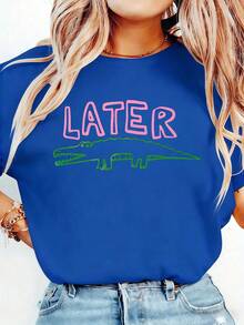 Women's Funny Later Gator T-Shirt - Sarcastic "Later" Crocodile Graphic Tee In White & Pink - Lightweight Everyday Shirt For Women - Machine Washable Casual Top, Allseason Apparel, Playful Graphic Shirt, Comfortable Fit ShirtBreathable All-Season Round Neck Printed T-Shirt - 藍色 - 查看 5
