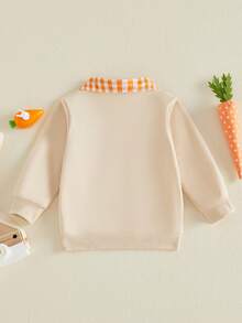 Toddler Baby Boy Easter Sweatshirt Bunny Carrot Embroidered Long Sleeve Half Zip-Up Collared Pullover Tops For Spring Fall - Khaki - View 2