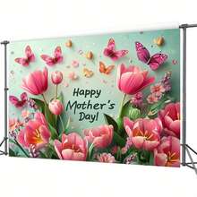 1 Mother's Day Flower Butterfly Background Cloth Dynamic Tulip And Heart-Shaped Design, Multi-Functional Party Banner, No Power Supply, Various Sizes And Styles To Choose From. - D - View 2