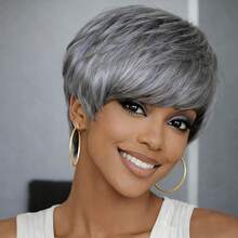 100%真人发假发 - 自然逼真，无需胶水，玫瑰网帽，150%密度分层直发精灵短发，带刘海，适合日常、角色扮演、派对、节日等场合，优雅女士假发 - SGray - 查看 12