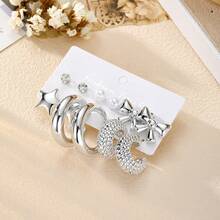 Set de 12 piezas de aretes en forma de C con estrella de 3D de perlas y rhinestone 2026, diseño elegante y minimalista de lujo, adecuado para uso diario - Plateado - Ver 3