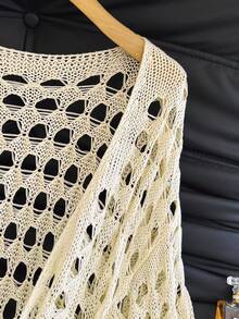 轻盈镂空大格纹长款针织开衫，宽松短袖休闲性感沙滩度假装，冰丝外套 - 杏色 - 查看 6