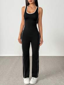 1件性感健身连体衣，修身瑜伽连体裤 - 黑色 - 查看 8