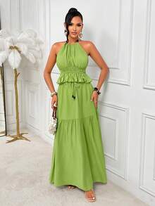 AIJ Amarilo 女士性感度假无袖荷叶边露背系带短款上衣和多层荷叶边长裙套装 - 豆綠色 - 查看 3