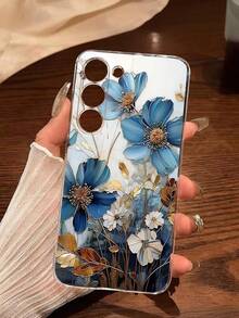 1pc Creative Blue Flower Design Transparent Soft Phone Case, Compatible With Samsung Galaxy A04e/12/A13/A14/A34/A50/A52/A53/A54/S21/S22/S23/S24/S25/S25Ultra,International Version, Not The Domestic Version - Clear - View 2