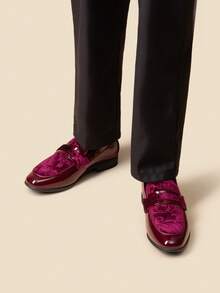 Boys Dress Shoes Slip-On Loafers Tuxedo Patent Classic Velvet Shoes(Runs Small, Please Order One Size Up) - 酒紅色 - 查看 4