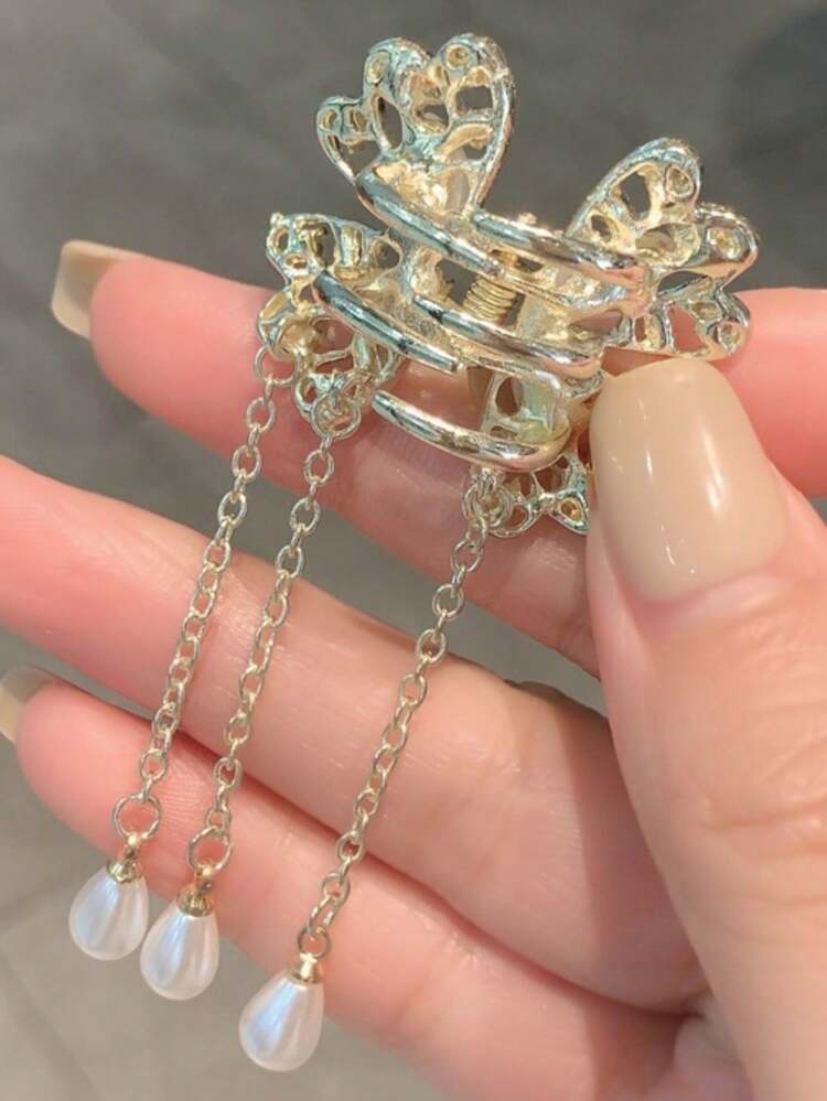 1个闪亮蝴蝶珍珠蝴蝶结流苏发爪夹，百搭高端夏季发爪，与爆款飘逸发夹同款 - 金色 - 查看 7