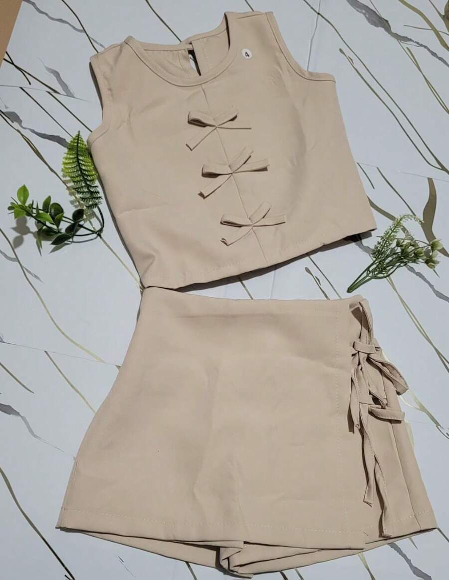 Luna Kids - Conjunto Menina Alfaiataria Laços Blusa e Short Saia Luxo Premium - Bege - Visão 1