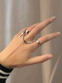 可调节十字链组合戒指套装，朋克风格一体式戒指，百搭时尚饰品，男女皆宜 - 彩色 - 查看 2
