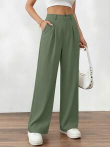 Women's Casual High Waist Wide Leg Straight Trousers Buttom Loose Solid Spring Fall Business Work Office Pants With Pocket - Xám xanh - Xem 1