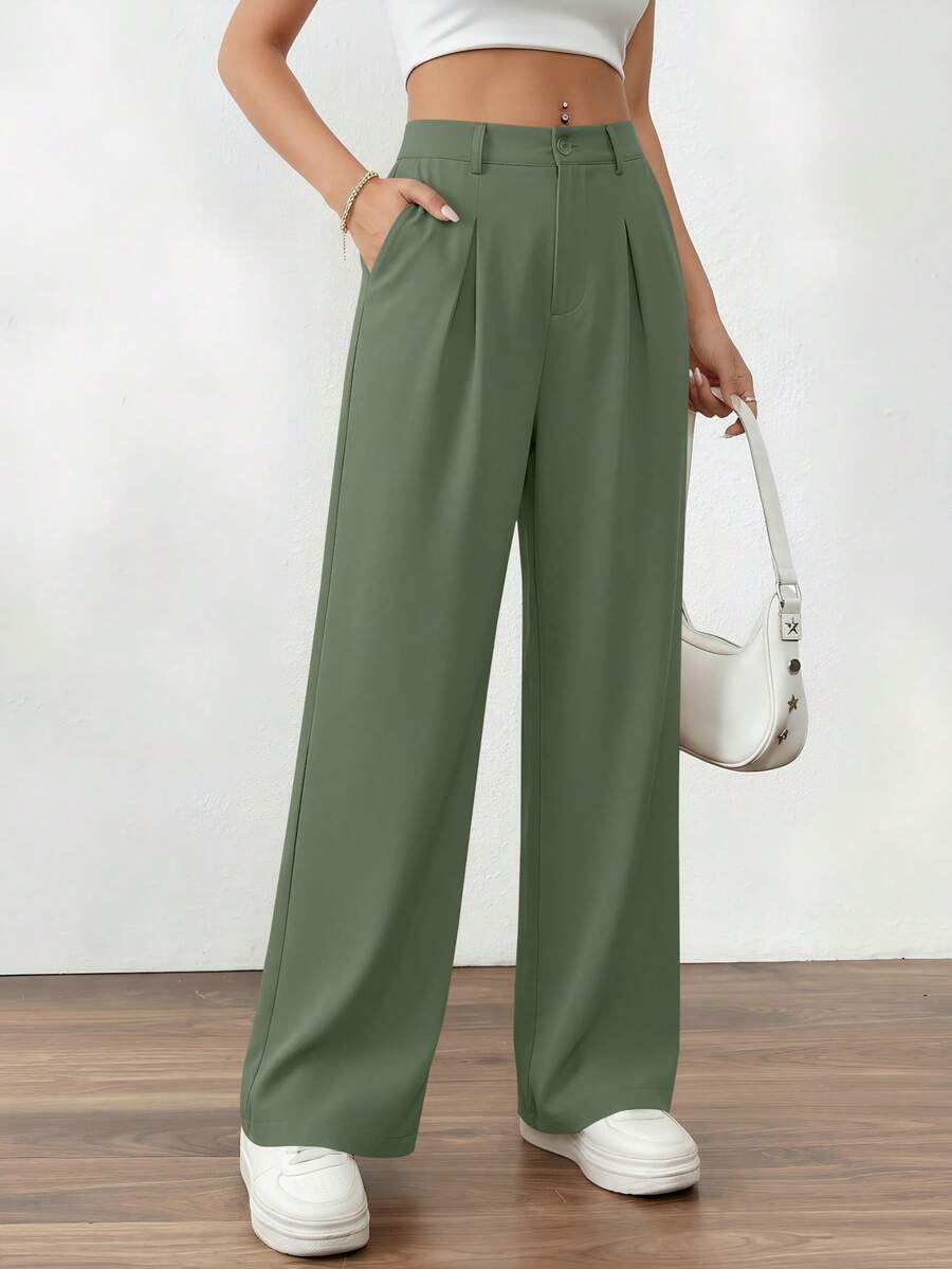 Women's Casual High Waist Wide Leg Straight Trousers Buttom Loose Solid Spring Fall Business Work Office Pants With Pocket - Xám xanh - Xem 1