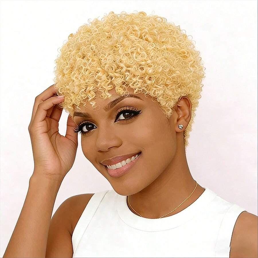 Blonde Perücke, lockige Perücke, 100% Echthaarperücke, 4 Zoll flauschiger Kurzhaarschnitt Pixie-Schnitt Perücke ohne Klebstoff mit Pony, Rosennetz-Hut zum Anziehen und Gehen, geeignet für Alltag und besondere Anlässe