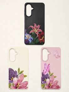 3件套花卉蝴蝶印花仿皮手机壳，粉色/白色/黑色TPU材质，防震防刮，浪漫花卉风格，夏季手机壳，可爱手机壳，花朵手机壳，兼容和Galaxy手机，适合日常使用，生日、母亲节、毕业礼物，手机配件 - 彩色 - 查看 33