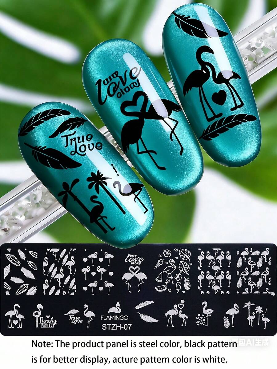 1pc Flamingos Feather Nail Art Stamping Plate, Letter Summer Pattern Design Y2K Style Printing Template Nail Art Accessory Tool, DIY Manicure Salon, Nail Supply - Silver - View 1