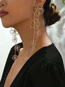 1对新款复古优雅女士耳环，夏季夸张金属丝镂空花朵流苏长款吊坠耳环，适合派对、日常佩戴、节日礼物 - Golden - 查看 4