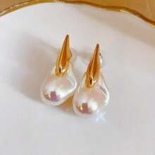 Electroplated Silver Asymmetrical Pearl Earrings, French Luxury Elegant Earrings For Women - Gold - View 4