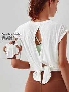 女士夏季轻薄宽松T恤，遮盖臀部，跑步运动训练上衣，健身房瑜伽运动罩衫 - 白色 - 查看 2