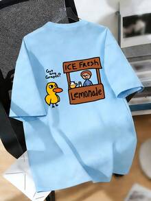 Camiseta con estampado de dibujos animados divertidos "Canción del pato y patito amarillo" para niños preadolescentes, de tela suave y cómoda, adecuada para deportes al aire libre, uso diario, ropa urbana, estilo de campus, top casual de moda para niños en primavera y verano - Celeste - Ver 4