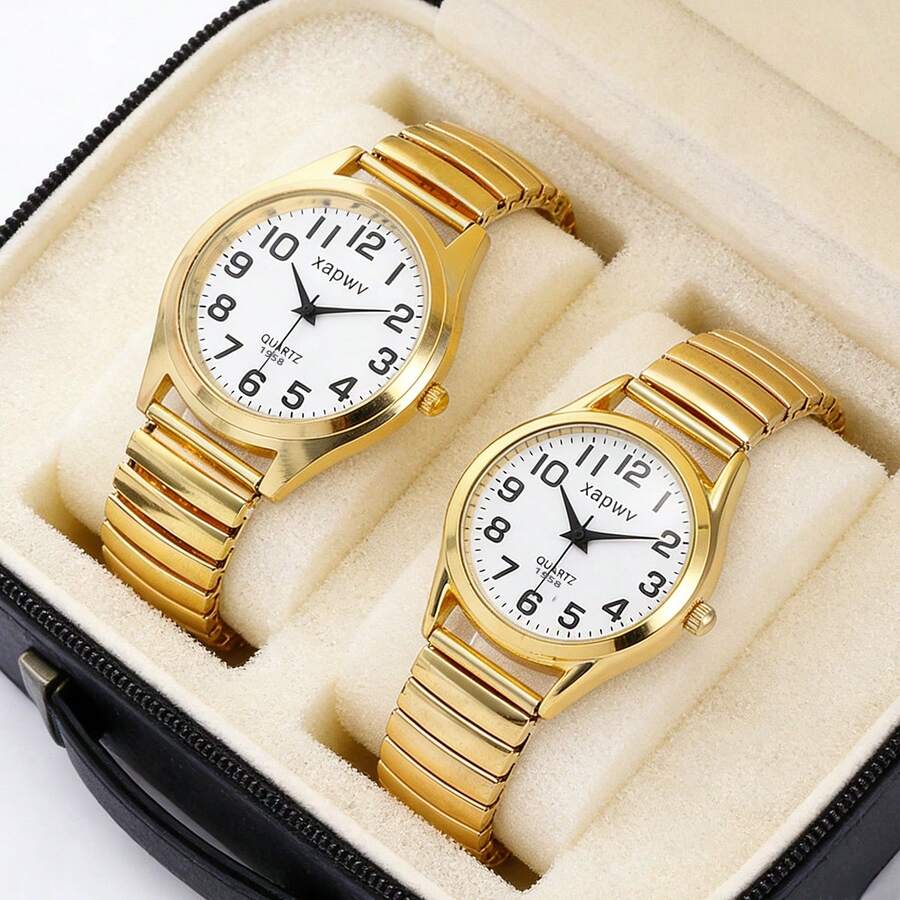 XAPWV 一对金色情侣石英表，弹性表带，大号数字，时尚简约休闲腕表，男女皆宜 - 金色 - 查看 1