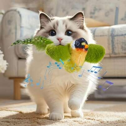 1个互动式逼真鸟猫玩具 | 逼真的鸣叫声，柔软的羽毛，手工制作的飞行设计，单只猫咪狩猎乐趣，适合所有猫咪品种，无需电池