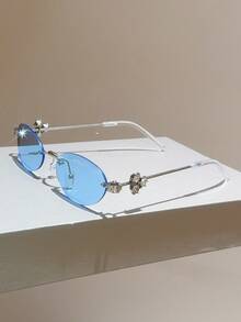 1 Pc Women's New Oval Frame Fashion Glasses Rimless Design Simple Decorative Glasses Novel Temple Design Shiny Rhinestone Decoration Solid Color Women's Fashion Accessory - Multicolor - View 17
