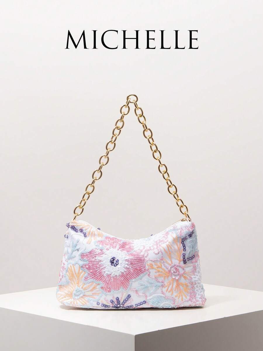 Metal Chain Floral Embroidery Sequin Ladies Handbag, Suitable For Evening Party, Elegant Ladies Wallet, Ladies Gift (Random Pattern) - Multicolor - View 1