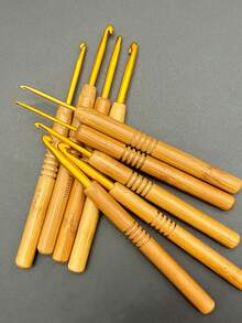 9pcs Bamboo Handle Carbonized Crochet Hooks, Handmade DIY Knitting Tools, Sweater Crochet Hooks With Aluminum Heads In 2.0mm, 2.5mm, 3.0mm, 3.5mm, 4.0mm, 4.5mm, 5.0mm, 5.5mm, 6.0mm - Round-handled Gold Crochet Hook - View 1