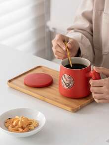 1pc Creative Wooden Handle Ceramic Coffee Mug With Copper Emblem And Lid, University Souvenir Cup, Graduation Gift For Elders - Multicolor - View 4