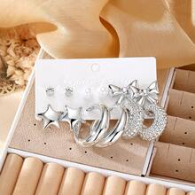 Set de 12 piezas de aretes en forma de C con estrella de 3D de perlas y rhinestone 2026, diseño elegante y minimalista de lujo, adecuado para uso diario - Plateado - Ver 4