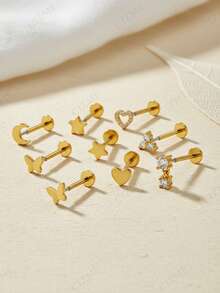 CIZME 20G 2 piezas Pendientes de botón con parte posterior plana con taper de acero inoxidable plateado y dorado, sin rosca, para perforación de nariz, anillos, corazón, estrella, mariposa, pendientes colgantes con CZ para tragus, cartílago, hélix, concha, labio, fosa nasal, Medusa, joyería de perforación para mujer y hombre - Dorado y plateado - Ver 5