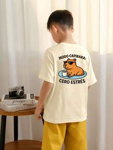 Camiseta de cuello redondo de manga corta con estampado informal para niños preadolescentes, top de verano - Albaricoque - Ver 2