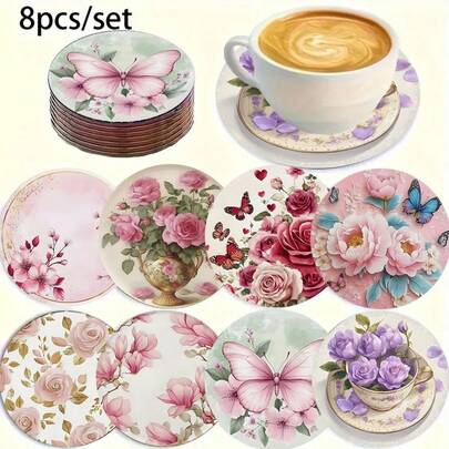 8pcs 2D Faux Wood Grain Coaster Set, Suitable For Patio, Kitchen, Living Room, Home Gathering Dining Table Decor, Gift For Friends And Family, Suitable For Valentine's Day, Wedding, Birthday, Party, Home Decor Accessories