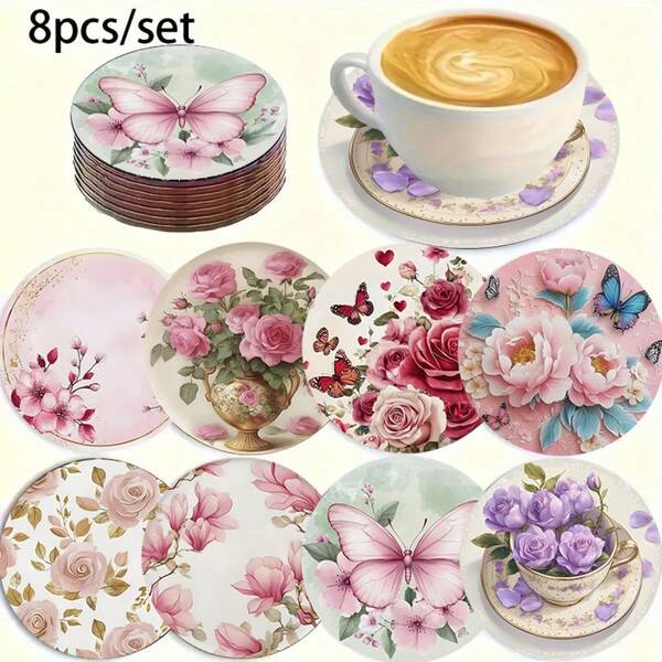 8pcs 2D Faux Wood Grain Coaster Set, Suitable For Patio, Kitchen, Living Room, Home Gathering Dining Table Decor, Gift For Friends And Family, Suitable For Valentine's Day, Wedding, Birthday, Party, Home Decor Accessories