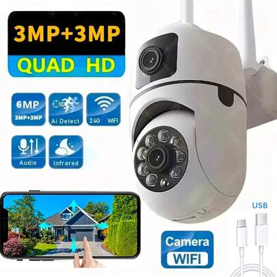 3MP+3MP Ultra HD Camera, Wireless Security Surveillance Camera, Dual Lens Indoor CCTV, Auto Tracking Alert, Night Vision, Smart Home Security Camera, Youth Monitoring, 2.4GHz WiFi Indoor/Outdoor Camera - Supports SD/Cloud Storage (Additional Fee Required), Mobile App Remote Control